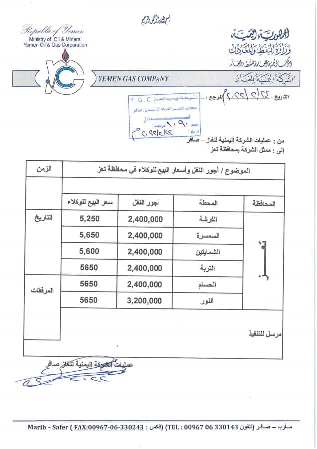 شركة الغاز بصنعاء تعلن تسعيرة جديدة من اليوم 