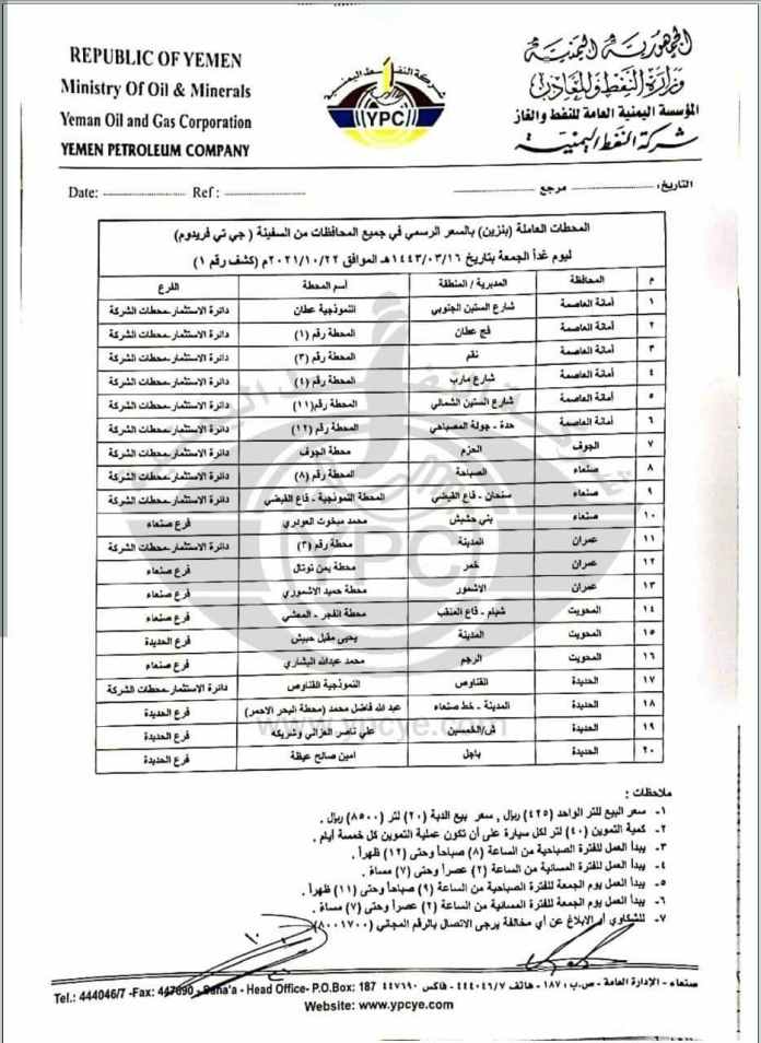 تعميم جديد لشركة نفط صنعاء بأسعار الوقود (وثيقة)
