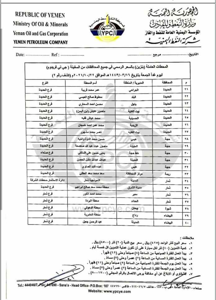 تعميم جديد لشركة نفط صنعاء بأسعار الوقود (وثيقة)